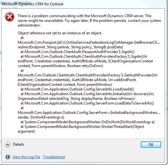 Error Configuring Microsoft Dynamics CRM 2013 for Outlook
