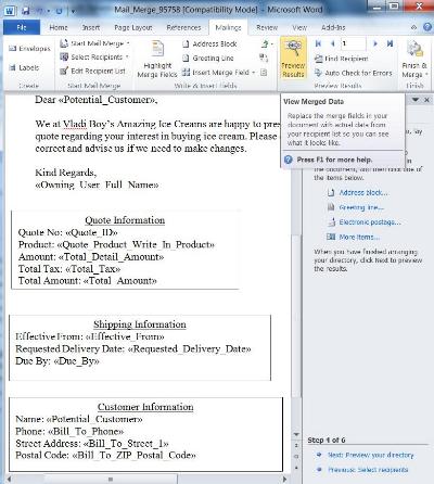 Dynamics CRM 2011, Mail Merge Templates showing Quote Information 