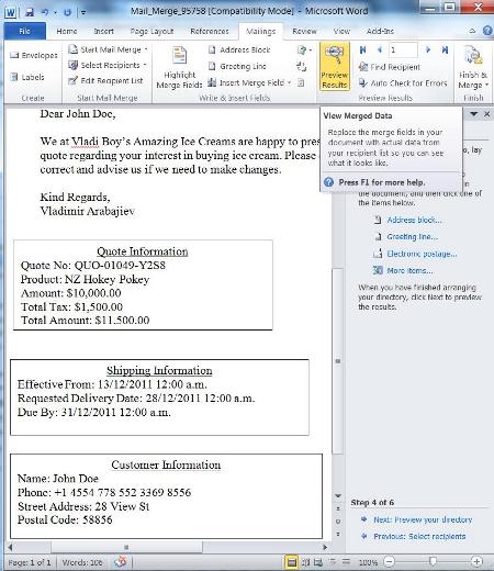 Dynamics CRM 2011, Mail Merge Templates showing Quote Information 