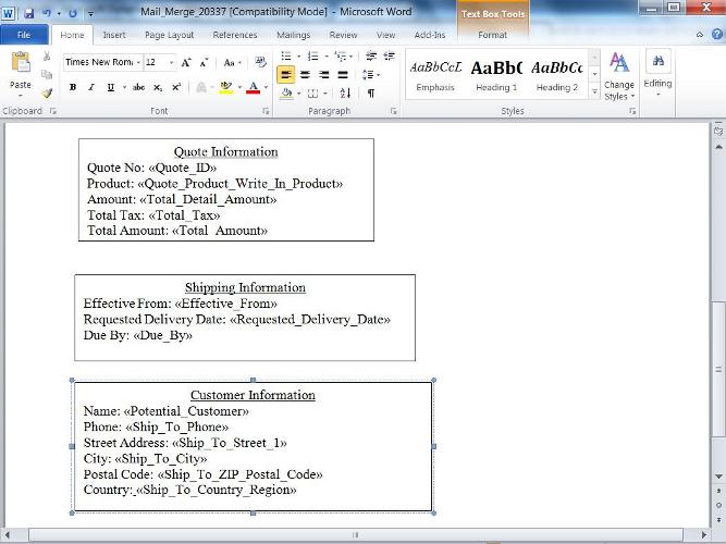 Dynamics CRM 2011, Mail Merge Templates showing Quote Information 