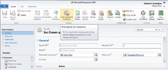 Dynamics CRM 2011, Mail Merge Templates showing Quote Information 