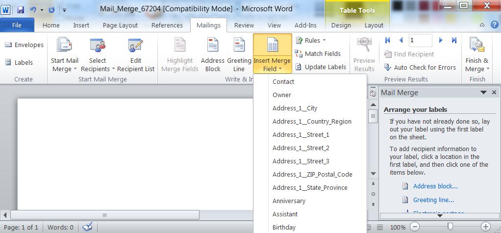 Microsoft Dynamics CRM 2011, Using Mail Merge to create labels