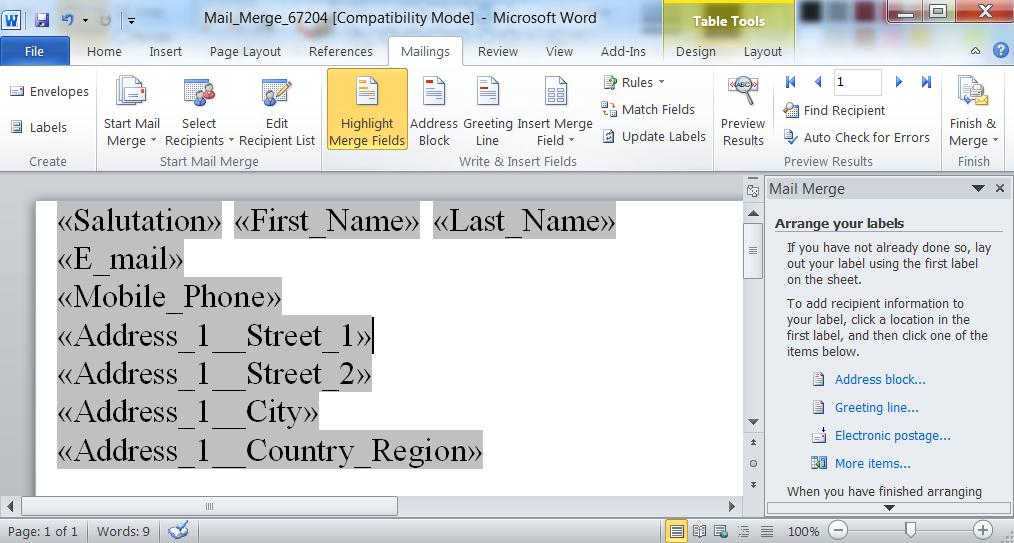Microsoft Dynamics CRM 2011, Using Mail Merge to create labels