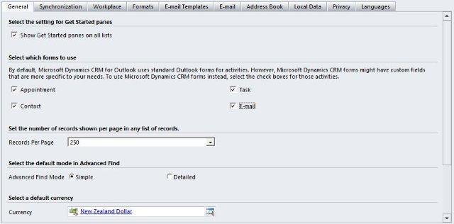 Set Personal Options for Dynamics CRM 2011 Outlook Client