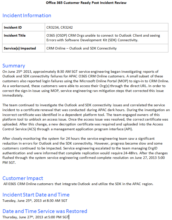 Microsoft Dynamics CRM Service Health Incident Example