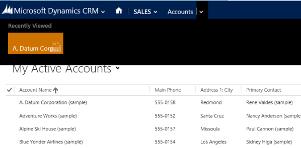 CRM 2013 Recently Viewed Records 