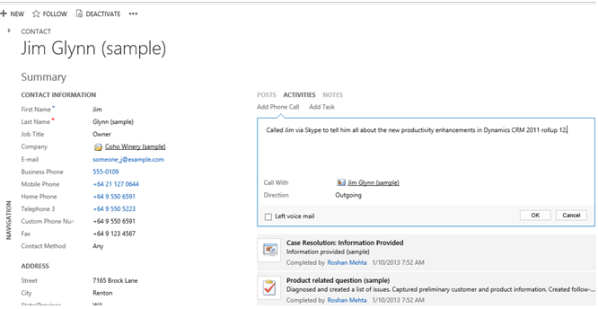 Quickly Create Phone Call Activities in Dynamics CRM 2011 Rollup 12